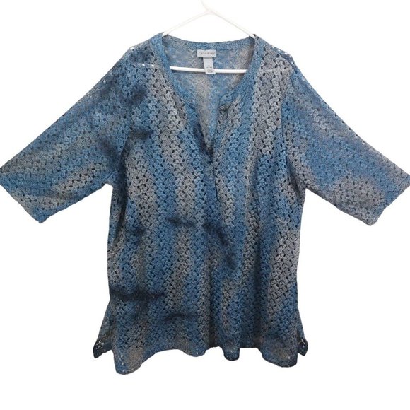 Catherines Tops - Catherines Womens Blue Crochet 3/4 Sleeve‎ Side Slit Tunic Top Size 2X 22/24W